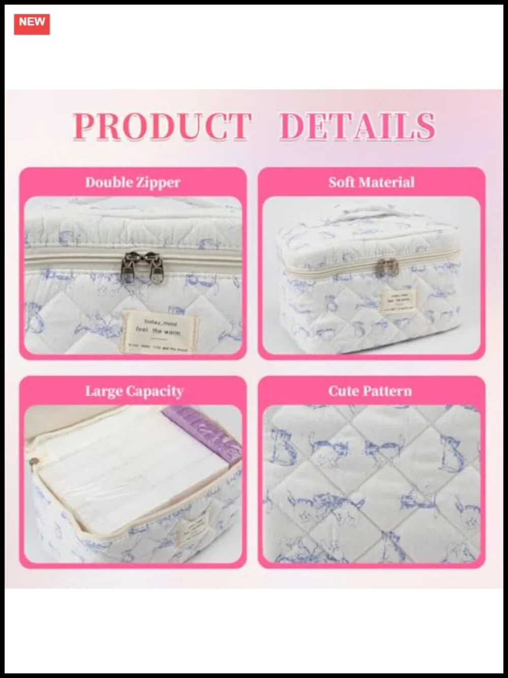 Quilted Cotton Makeup Bag Set of 3, Travel Cosmetic Bag with Floral Coquette